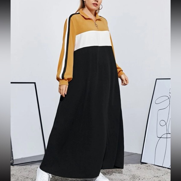 Plus Size Color Block Stripe Long Cuff Sleeve Maxi Dress - Picture 6 of 11